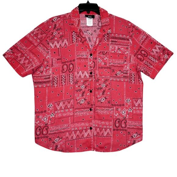 Tapestry Red Bandana Patchwork Button-Up Shirt –Large- Western Y2K Cowboy Core - Picture 1 of 3